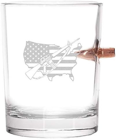 יריית מזל - .308 כדור קליבר תקוע בכוסות ויסקי זכוכית | דגל ארהב אמריקאי עם מתנה פטריוטית של אקדח